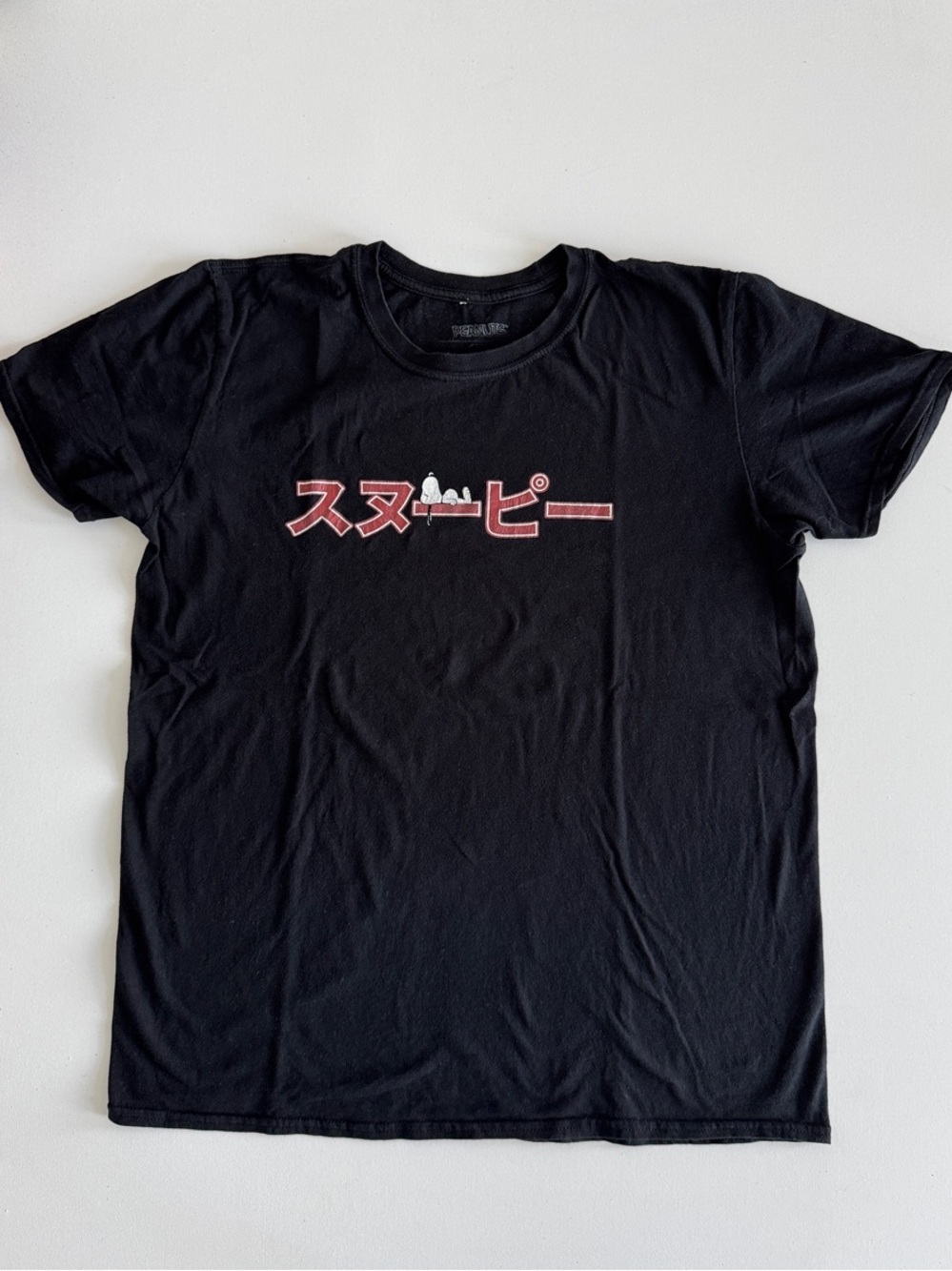 Peanuts Black Tee with Red Japanese Text and Snoopy